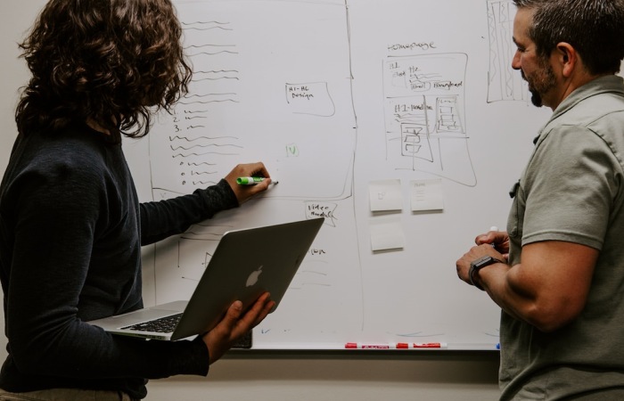 Two business professionals using relationship mapping and writing on a whiteboard